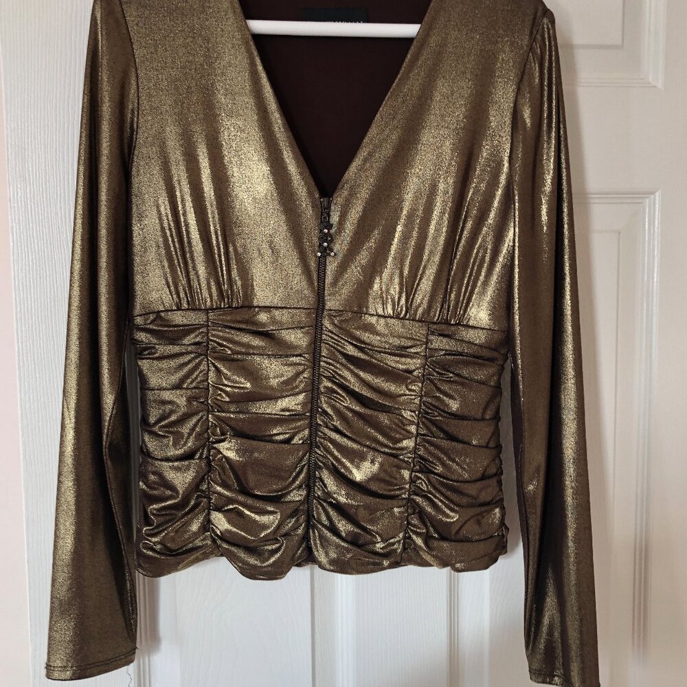 Bronze Metallic V-Neck Zipper Front Top
